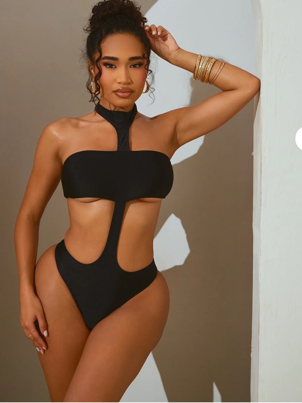 Fashion Nova Black Cutout One-Piece Swimsuit with Choker Neck